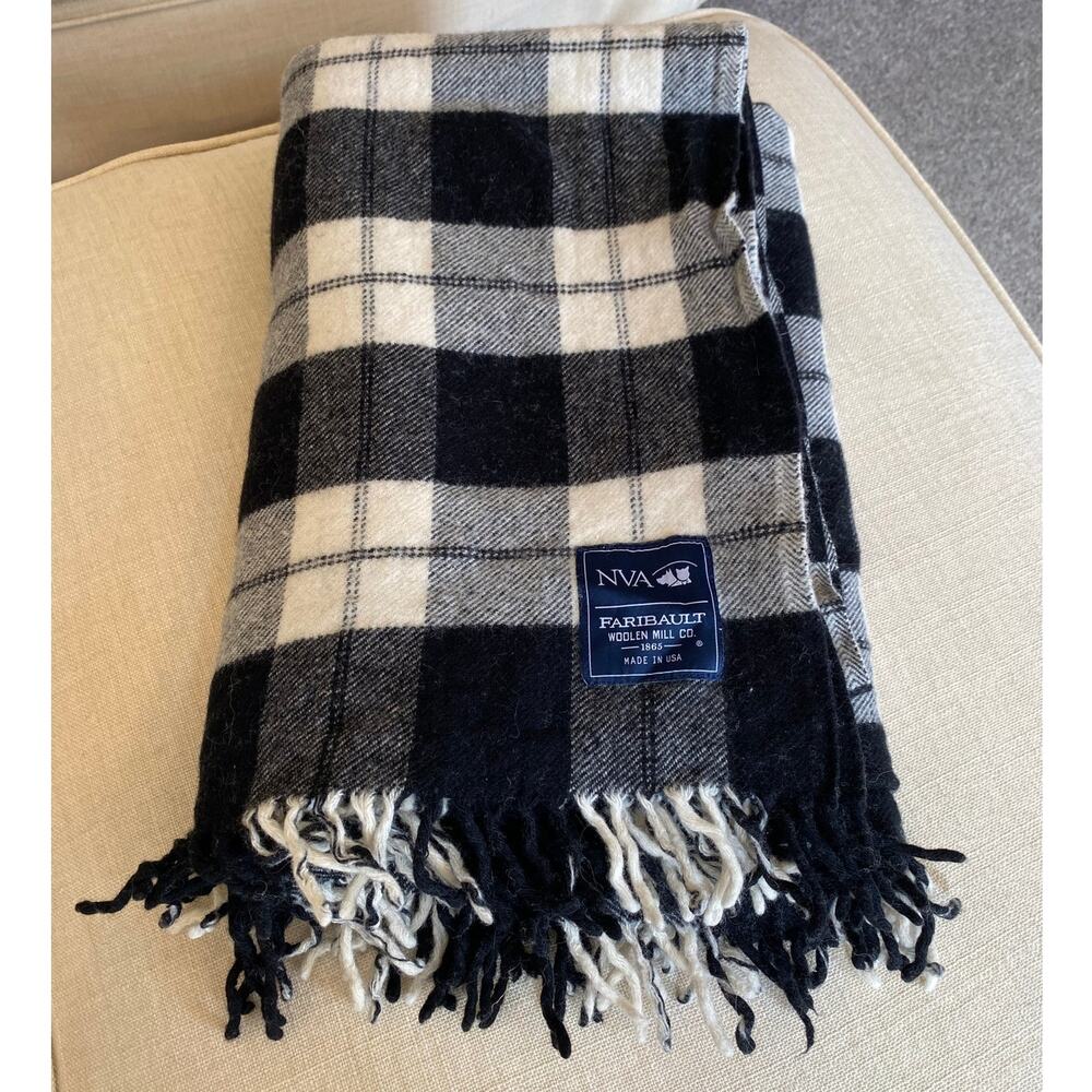 Faribault 100% Virgin Wool Plaid Fringed Throw 34 x 48 Black/White USA